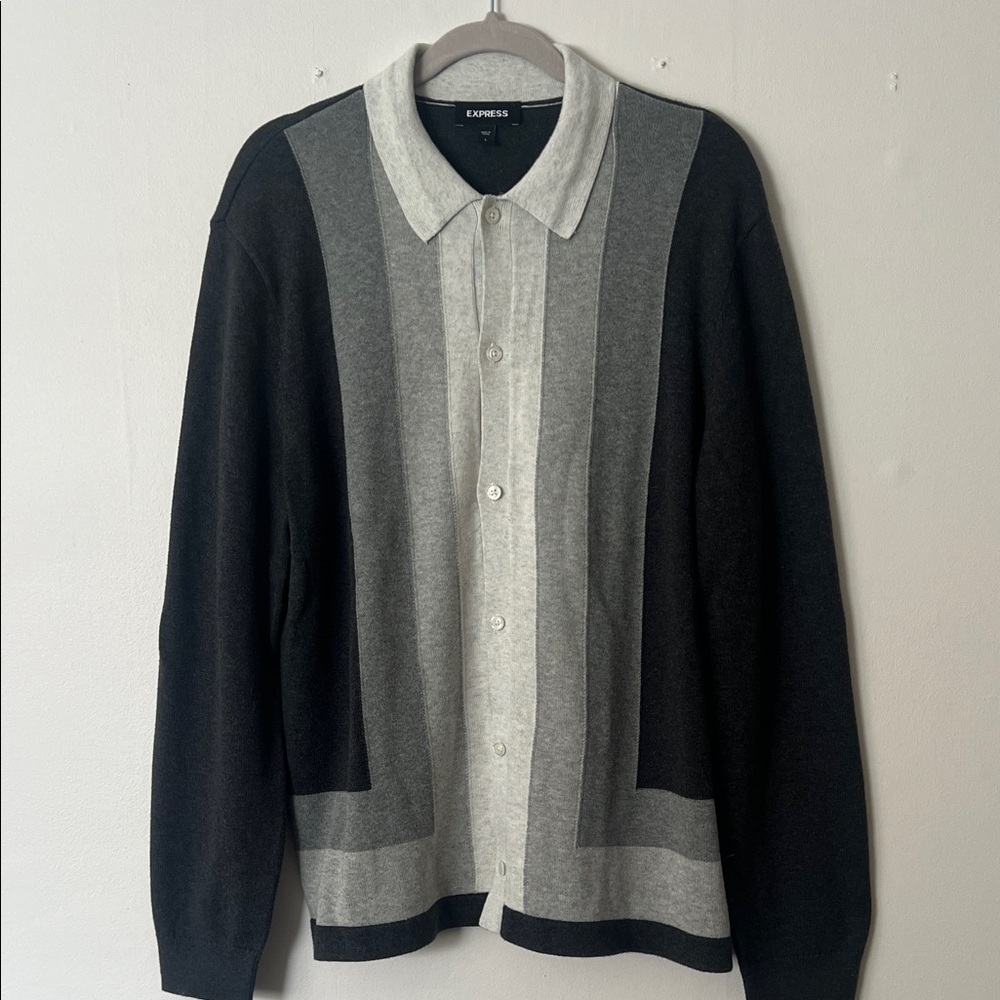 Express Men's Vertical Stripe Cardigan - Gray & Cream. Size Men’s large.